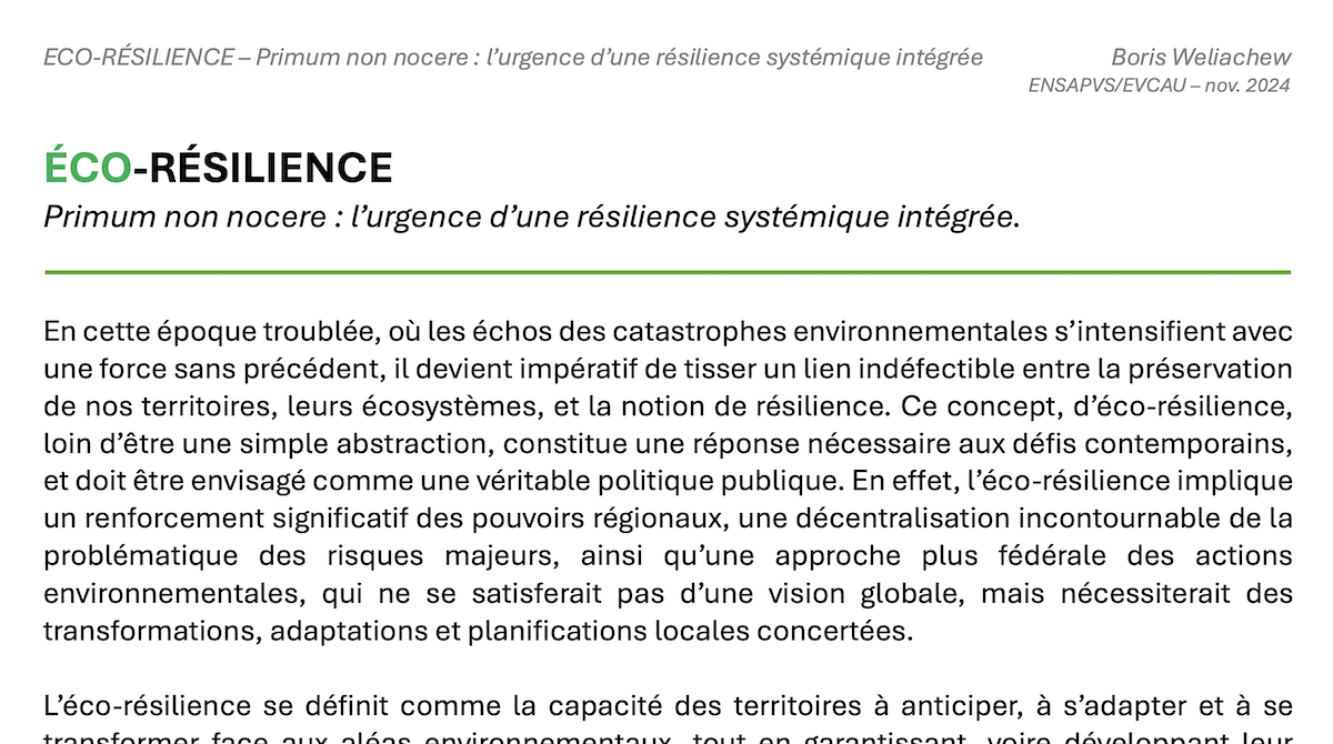 ECO-RÉSILIENCE – Primum non nocere : l’urgence d’une résilience systémique intégrée Boris Weliachew